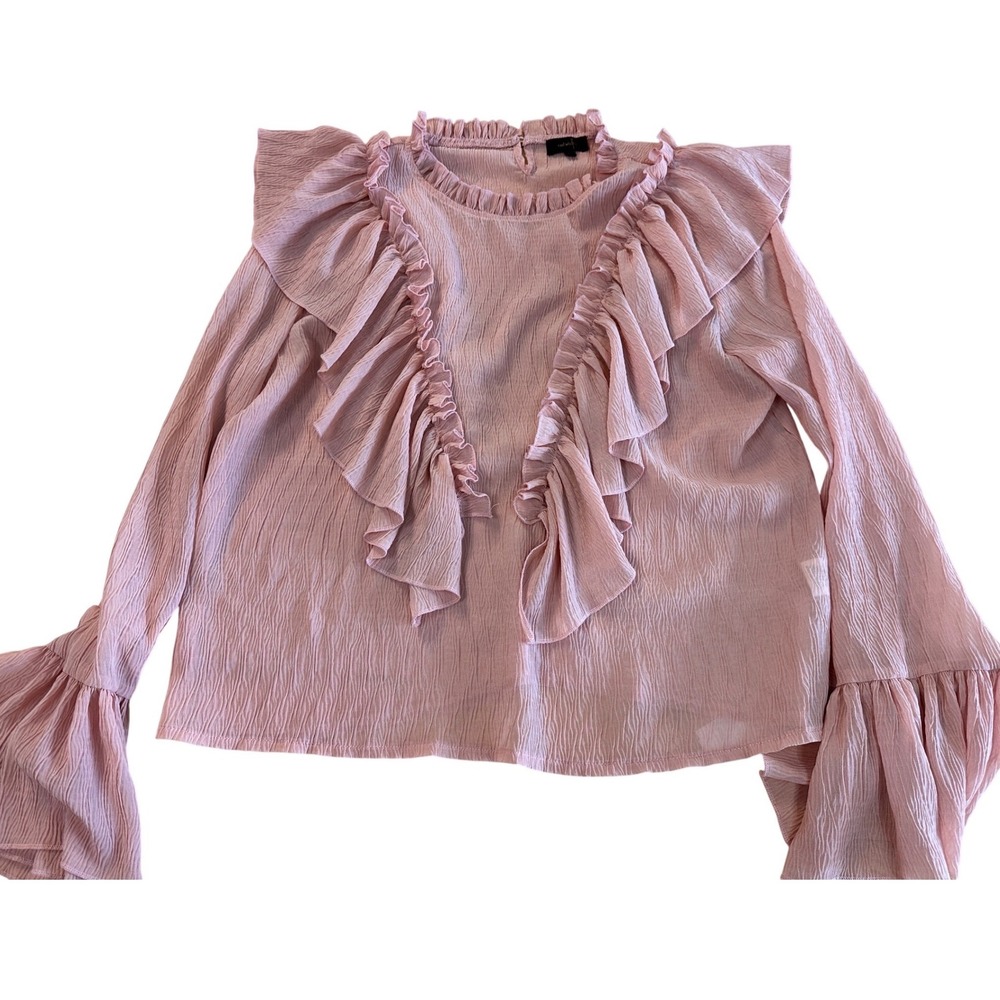Pink Ruffle Bell Sleeve Blouse Textured Crepe Top‎ Large